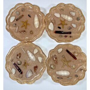 Vintage Beach Sand Seashell Shell Lucite Coasters Set Of 8 Beach Coastal